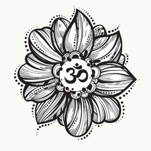 手绘欧姆符号，印度排灯节精神标志 Om.周围的莲花。高细节的装饰矢量图。纹身 瑜伽 灵性 纺织品
