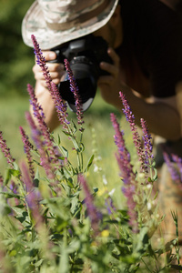 摄影师拍摄与单反相机在森林里的花