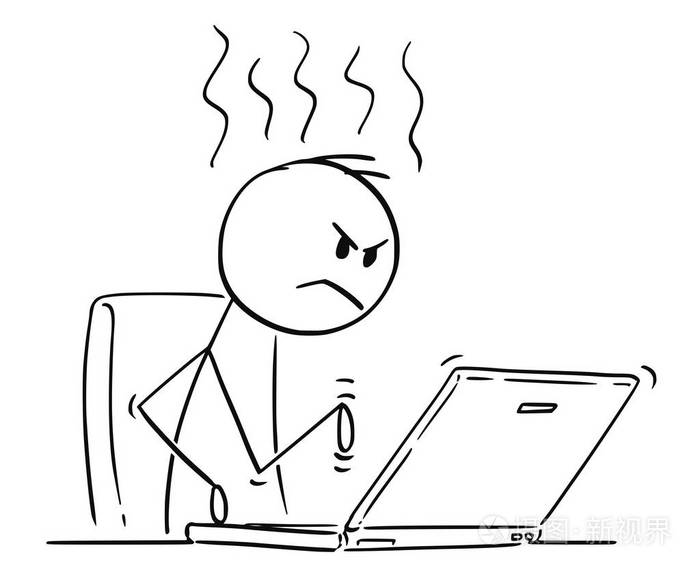 在电脑笔记本电脑上工作或打字的愤怒的人或商人的卡通片插画-正版