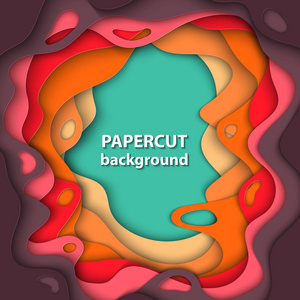 矢量背景与明亮的橙色, 红色和绿色的彩色纸切割形状。3d. 抽象纸艺风格, 设计布局为商务演示, 传单, 海报, 印刷品, 卡片