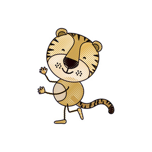 彩色蜡笔剪影漫画与可爱老虎跳舞