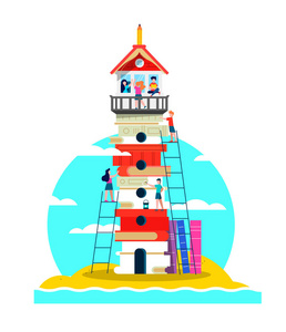 海滩灯塔大厦由儿童书在隔绝的白色背景。学校学习或教育的团队合作理念。Eps10 矢量