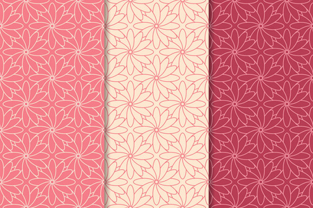 一套红色的花饰。樱桃粉红色垂直无缝图案。墙纸背景