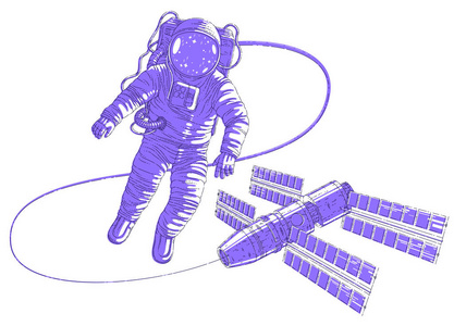 宇航员在与空间站相连的空地上飞行, 航天员或女子乘坐宇航服漂浮在失重和 iss 航天器后面。通过白色隔离的矢量插图