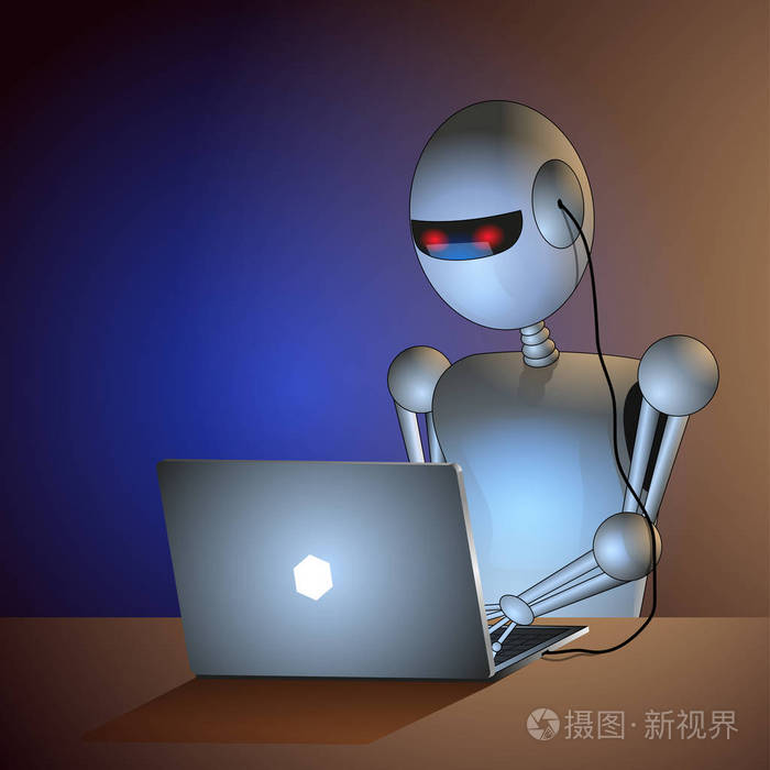 机器人坐在桌子上连接到计算机.固件
