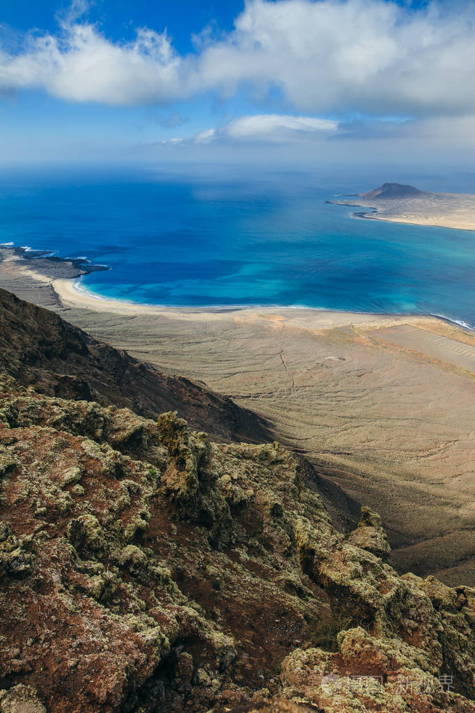 位于西班牙兰萨罗特岛的风景秀丽的海洋景观.旅游目的地概念.鸟瞰图