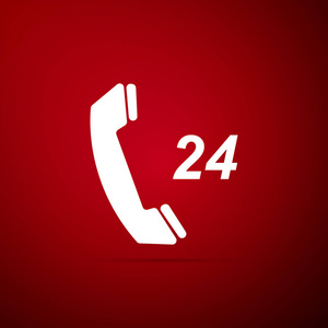 电话24小时支持图标在红色背景下隔离。全天候客户支持呼叫中心。平面设计。矢量插图