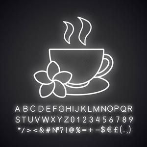 草药茶杯霓虹灯图标。鸡蛋花茶杯。带有字母数字和符号的发光符号。矢量隔离插图