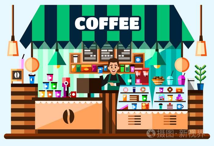 插画 咖啡屋店内部与咖啡机站在酒吧柜台后面的咖啡馆设备, 菜单和