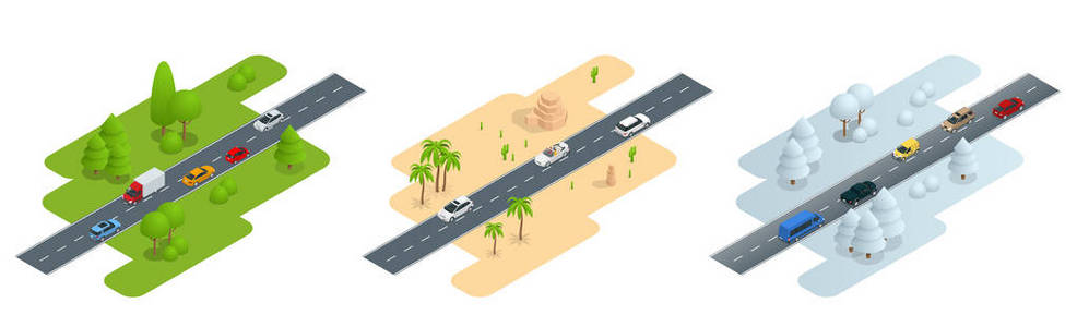 赛斯组成三个等长收缩图片路在夏天，在沙漠和路道路在冬天。用于工作流布局 游戏 图 数字选项，web 设计和图表