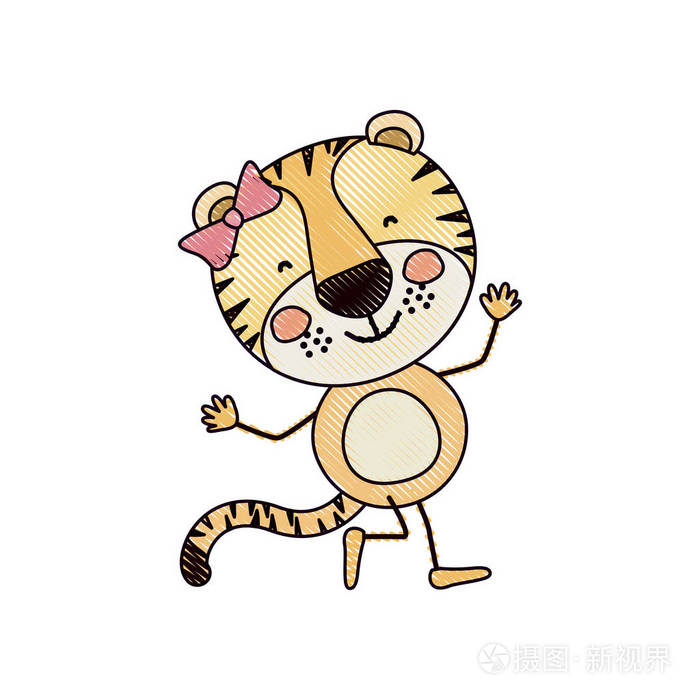 彩色蜡笔剪影漫画的可爱的表情女虎妞在舞蹈姿态与弓花边