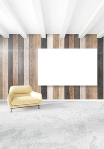 最小卧室室内设计木墙 黄色的沙发和 copyspace 到一个空的框架。3d 渲染。3d 图