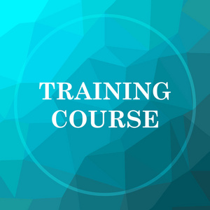 培训课程图标。在蓝色低聚背景下的培训课程网站按钮