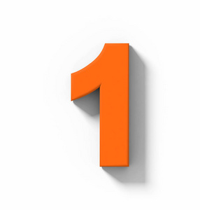 数字 1 3d 橙色隔离白色与阴影正交投影-3d 渲染照片