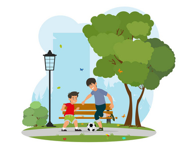 父亲和他的小儿子踢足球。友好家庭的概念。矢量插图