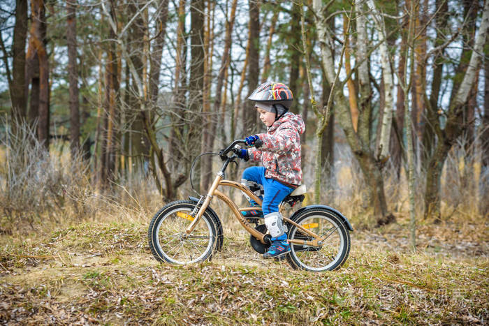 在上自行车在清晨森林的孩子。男孩骑自行车 o