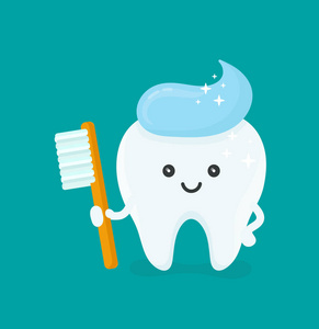 可爱快乐的微笑牙齿,用牙刷孩子的手拿着大牙齿和牙