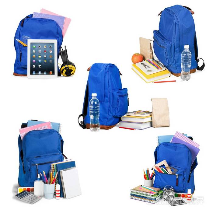 在白色背景下隔离的文具书包