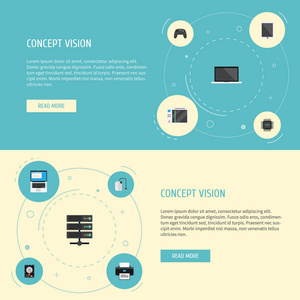 平面图标笔记本电脑 打印机 存储设备和其他向量元素。Pc 平板图标符号集还包括键盘，掌上电脑，服务器对象