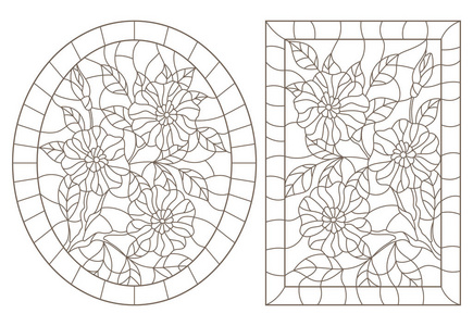 一组轮廓插图的彩色玻璃花, 椭圆形和矩形图像的框架, 黑色的轮廓在白色背景