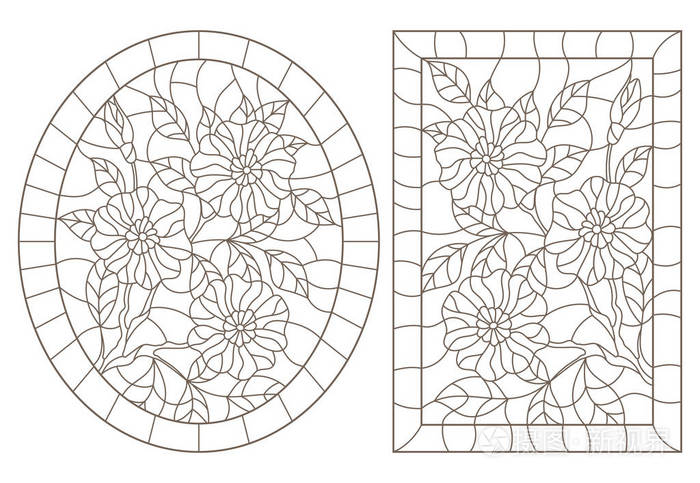 插画 一组轮廓插图的彩色玻璃花, 椭圆形和矩形图像的框架, 黑色的