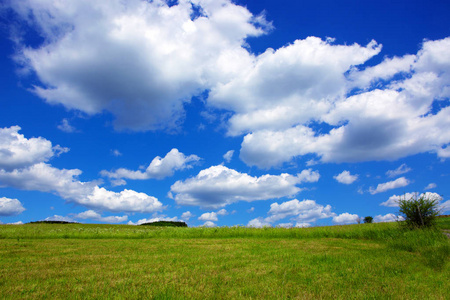 蓝蓝的天空，云与绿色的田野