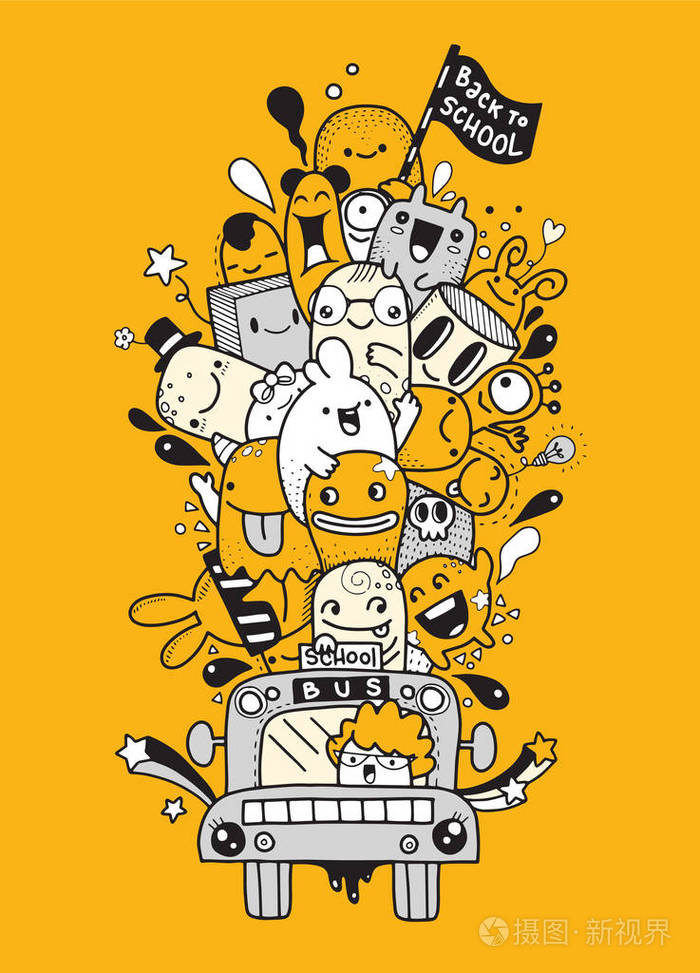矢量插图返回学校, 平面校车返回学校海报模板, 怪物涂鸦为您设计