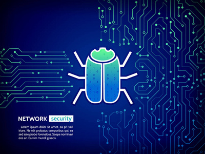 抽象高科技电路板与黑客 bug。黑客攻击和网络犯罪