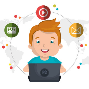 一套可爱的卡通插图. 现代技术有助于日常工作儿童在线教育概念.