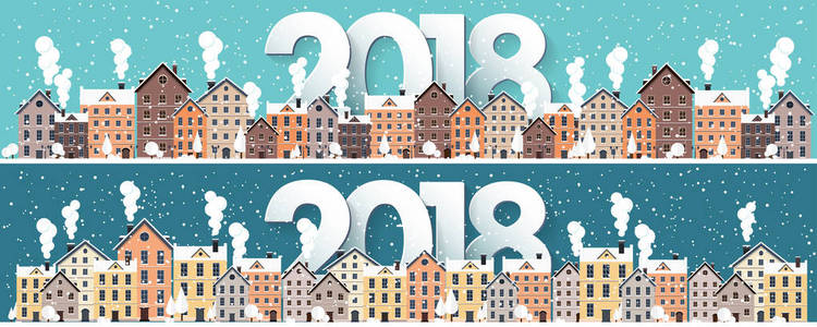 冬天的城市景观。雪的城市。圣诞节和新年。城市景观。Buildings.2018.Vector 图