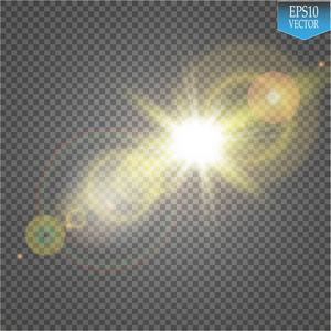 矢量透明阳光特别镜头眩光光线效果。太阳闪烁着光芒和聚光灯