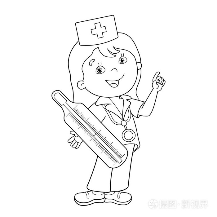 着色页大纲的漫画的医生用温度计