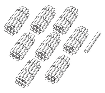 这张计数卡上有棒的艺术品。卡片上有81根棍子插图。棍子被栓在一起在小组80和1棍子被保留在旁边。这些是用来教分组和计数, 复古线