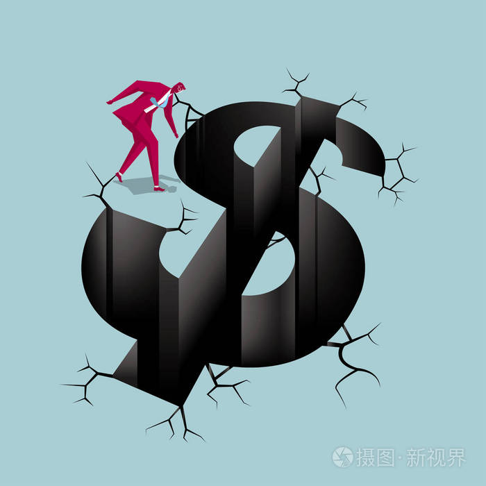 一个商人站在一个美元符号的陷阱旁边.背景为蓝色