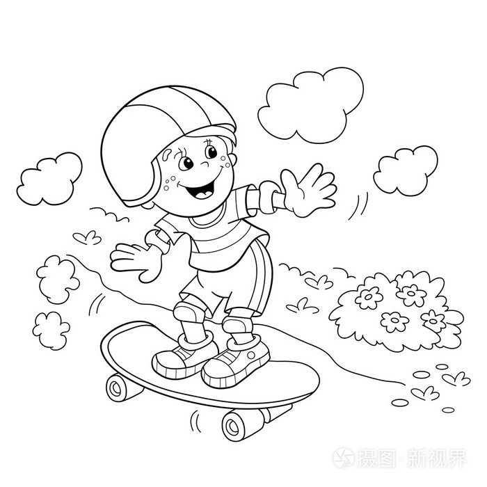 着色页大纲的卡通男孩在滑板