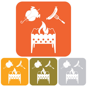火盆, 鸡肉和香肠图标。矢量图案