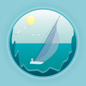 徽标旅游游艇航行海上悬崖太阳艺术创意现代抽象插画的蓝色背景矢量