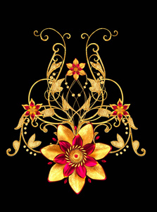 3d 渲染。金色风格的花朵, 细腻闪亮的卷发, 佩斯利元素。装饰角, 花纹