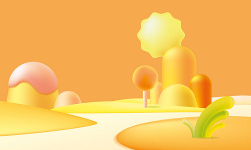 3d 卡通橙色景观插画, 梦幻世界照片