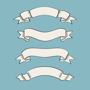 设置旧复古丝带横幅和绘图中雕刻风格矢量图