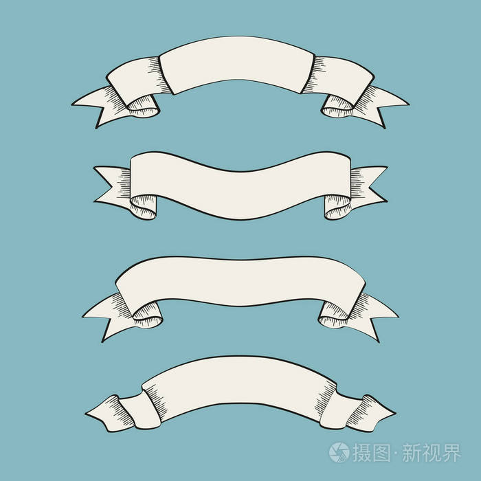 设置旧复古丝带横幅和绘图中雕刻风格矢量图