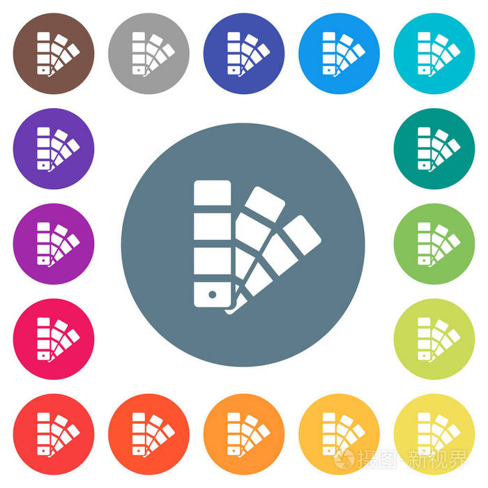 颜色样本在圆形颜色背景上的扁平白色图标.包括17种背景颜色变化