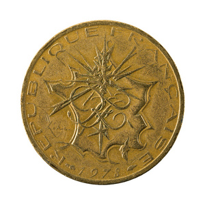 10法郎硬币 (1978) 反向隔绝在白色背景上照片