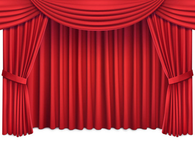 3d 逼真向量在石头后面的红色天鹅绒窗帘照亮舞台登上的领奖台与皇冠