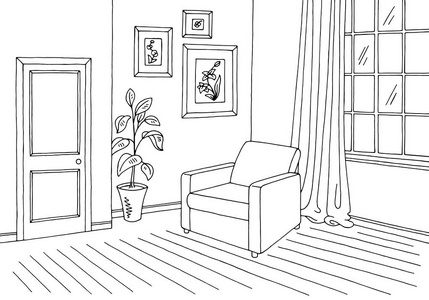 客厅里图形黑色白色内饰素描图矢量照片