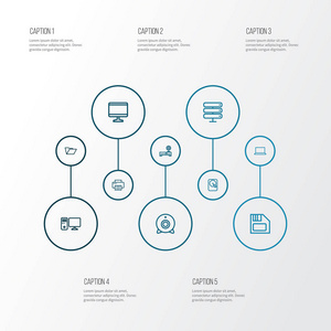 电脑图标线样式设置与软盘, 摄像头, 温彻斯特和其他计算机元素。独立矢量插图计算机图标
