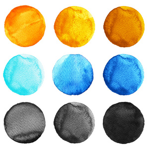 抽象水彩画圆画背景,斑点的蓝色, 黄色, 橙色, 黑色的颜色照片