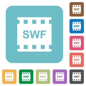 Swf 影片格式彩色圆形正方形背景上的白色平面图标