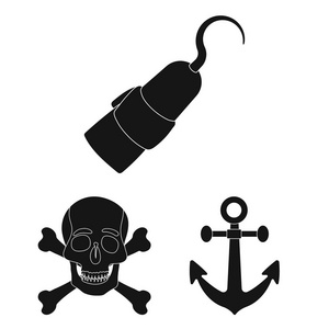 海盗, 海贼黑的图标集合中的设计。珍宝, 属性向量符号股票网页插图