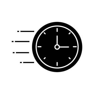 飞行时钟字形图标。时间管理。飞行时间。剪影符号。负空间。矢量隔离插图